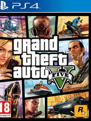 Grand Theft Auto V till PS4 - GTA V till PlayStation 4, ett actionfyllt open world-spel från Rockstar Games. Omslaget har färgstarka illustrationer med bilar, helikopter, hund och karaktärer. Spelboxen är i plast och har den klassiska blå PS4-designen.