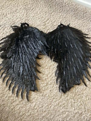 Svarta änglavingar  - Stora svarta änglavingar perfekta för maskerad eller cosplay. Vingarna är täckta med svarta plast fjädrar och har elastiska band för att enkelt kunna bäras på ryggen. De har en dramatisk och mörk look som passar till exempelvis demon- eller fallen ängel-kostym.