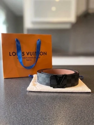 bälte i skinn - Snyggt bälte från Louis med klassiskt rutigt mönster i svart och grått. Bältet har en stilren logga som spänne och är gjort i exklusivt skinn. Perfekt accessoar för att lyfta din outfit. Tveka inte på att ge ett bud!