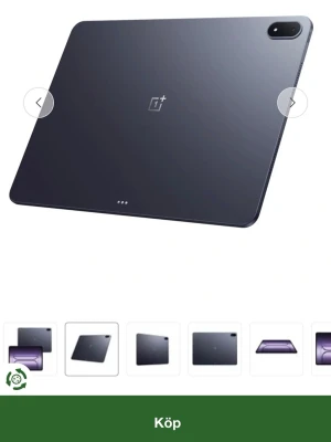 OnePlus surfplatta i grå metall - Snygg och tunn surfplatta från OnePlus i en stilren grå färg med metallchassi. Plattan har rundade hörn, stor skärm med tunna ramar och en kamera placerad i hörnet på baksidan. Perfekt för streaming, surf och appar.