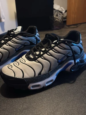 Nike Air Max Plus vita och svarta - Nike Air Max Plus sneakers i vitt och svart med blå detaljer. Skorna har mesh-överdel, svarta vågformade linjer och synlig Air-dämpning i sulan. Klassisk Nike Swoosh på sidan och robust yttersula med blå och gula inslag undertill.