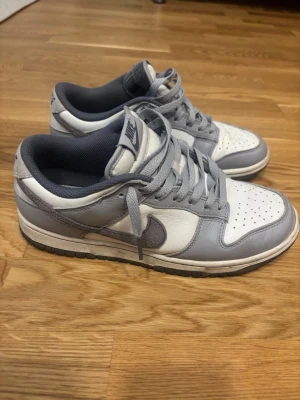 Nike Dunk Low  blå och vita sneakers - Nike Dunk Low sneakers i blått och vitt läder med klassisk swoosh på sidan. 