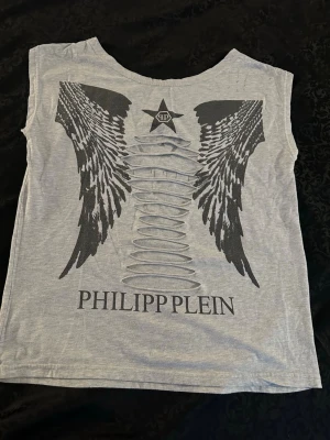 Grå Philipp Plein t-shirt med vingar - Säljer en grå t-shirt från Philipp Plein med svart vingtryck på ryggen och coola snörningsdetaljer i tyget. T-shirten har ett avslappnat snitt och är perfekt för dig som gillar edgy streetstyle. Materialet känns mjukt och skönt, troligen bomull.