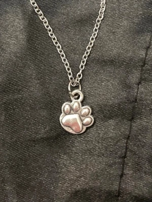 Tass halsband tassavtryck silver imitation  - Sött halsband med ett silverfärgat  tassavtryck. Berlocken är ca 0,7 x 0,6 cm. Kedjan är i silverimitation och justerbar 40-45 cm. 