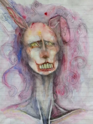 Fantasifull akvarellteckning på papper - Unik handritad akvarellteckning på linjerat papper med fantasifullt motiv i rosa, blått och grått. Mjuka linjer och virvlande former ger en drömsk känsla. Signerad i hörnet med texten 'God Jul' och 'Malicious Malle'. Perfekt som personlig väggkonst.