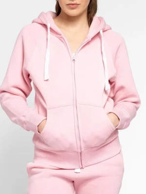 Ljusrosa zip-hoodie med huva - Ljusrosa hoodie med dragkedja framtill, huva med vita snören och två fickor. Tillverkad i mjukt sweatshirtmaterial med ribbade muddar vid ärmslut och nederkant. Perfekt för en avslappnad och trendig stil.