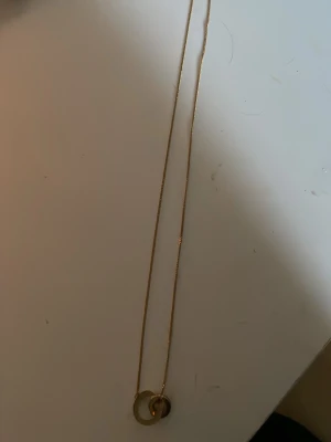 Guldigt halsband med cirkelhänge - Säljer ett elegant halsband med tunn guldfärgad kedja och ett cirkelformat hänge. Hänget har små svarta detaljer och en böjd stav med gnistrande stenar som går över cirkeln. Perfekt för dig som gillar stilrena accessoarer.