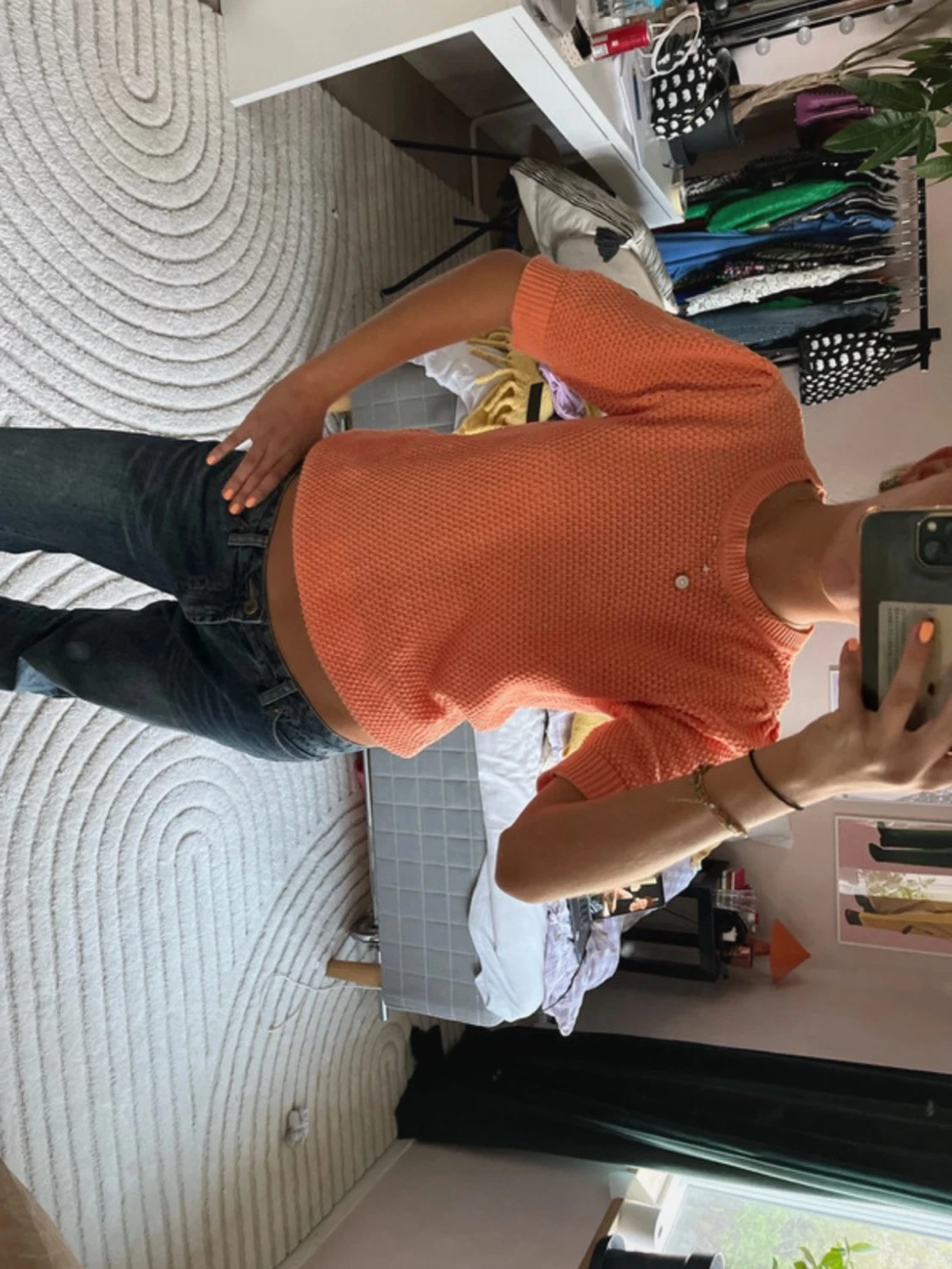 Orange ribbad topp med kort ärm - 1