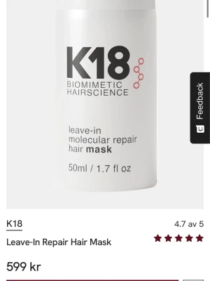 K18 Leave-In Repair Hair Mask - K18 Leave-In Molecular Repair Hair Mask är en vit hårmask i plastflaska på 50 ml. Masken är framtagen för att reparera och stärka håret på molekylär nivå och används utan att sköljas ur. Perfekt för dig som vill ha ett friskt och starkt hår. Har används 1 gång. 