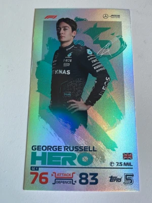 F1 Turbo Attax George Russell Hero-kort - Samlarbild från Topps Turbo Attax 2024 med George Russell från Mercedes AMG Petronas Formula One Team. Kortet har holografisk yta, HERO-design och brittisk flagga. Perfekt för F1-fans och samlare av motorsportkort.