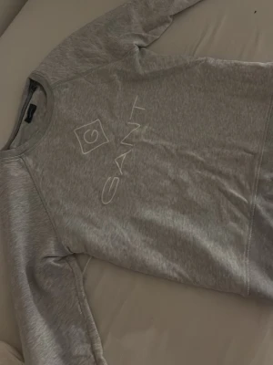 Grå sweatshirt från GANT - Säljer en stilren grå sweatshirt från GANT med broderad logga och text på bröstet. Tröjan har rund halsringning och långa ärmar. Gammal modell använder inte och vill bara bli av med den. Det står att den är för 170 cm och för 15 år. Den har blivit målad med färg eller så på ärmen men inte något stort som jag hade lagt märke till.