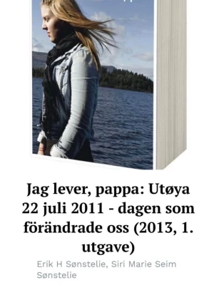 Jag lever, pappa: Utøya 22 juli 2011 - En gripande skönlitterär bok med mjuka pärmar. Omslaget visar en ung person vid en sjö med blå himmel och natur i bakgrunden. Boken är på svenska och handlar om händelserna på Utøya 2011.