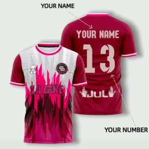 Rosa och vit sporttröja med tryck - Unik sporttröja i rosa, vitt och svart med grafiskt mönster framtill och möjlighet att lägga till eget namn och nummer på ryggen. Tröjan har rund hals, korta ärmar och kontrastfärgade detaljer. Perfekt för lag eller individuell träning.