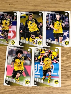 Borussia Dortmund fotbollskort Topps - Fem samlarkort från Topps med Borussia Dortmund-spelare. Kortens framsida har foton på spelarna i gul-svarta matchställ, BVB-logga och Champions League-märke. Baksidan har info om varje spelare. Kort i klassiskt kartongmaterial, färgerna är gul, svart och vit.