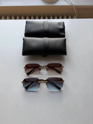 Två par lyxiga solglasögon med gulddetaljer - Säljer två par stilrena solglasögon med rektangulära glas och guldfärgade detaljer. Det ena paret har bruntonade glas och det andra har blåtonade glas. Båda är utan ram och kommer med ett svart fodral i syntetmaterial. Perfekt för dig som vill ha en trendig look.