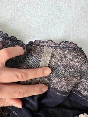 Mörkblått nattlinne med spets intimissmi - Snyggt mörkblått offshoulder från intimissmi med långa ärmar och dekorativa spetsdetaljer i beige längs halsringning, ärmslut och midja. Mjuk och stretchig 