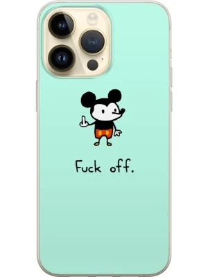 Mintgrönt mobilskal med tecknad mus - Snyggt mintgrönt mobilskal med en tecknad mus som visar långfingret och texten 'Fuck off.' Trycket är lekfullt och sticker ut, perfekt för dig som vill ha ett skal med attityd. Passar till iPhone-modeller med tredubbel kamera. Materialet är troligtvis plast.