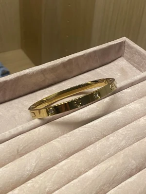 Guldigt armband med stenar - Snyggt armband i guldfärgad metall med infällda klara stenar och ingraverade detaljer runt om. Armbandet har en stilren och elegant design som passar perfekt till dig som gillar exklusiva accessoarer.