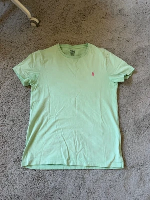 Mintgrön t-shirt från Polo Ralph Lauren - Fräsch mintgrön t-shirt från Polo Ralph Lauren med klassisk rosa broderad logga på bröstet. T-shirten har rund halsringning och korta ärmar, perfekt för en chill och stilren look.
