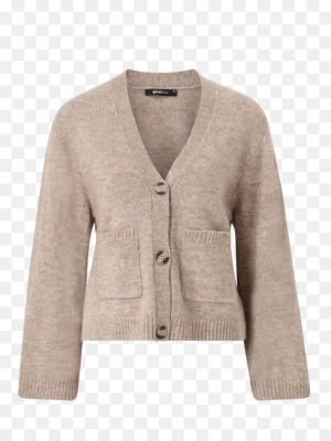 Beige stickad kofta Gina  - Mysig beige stickad kofta med v-ringning och tre stora knappar framtill. Koftan har två rymliga fickor på magen och ribbade muddar vid ärmslut och nederkant. Perfekt för lager på lager och enkel att matcha.