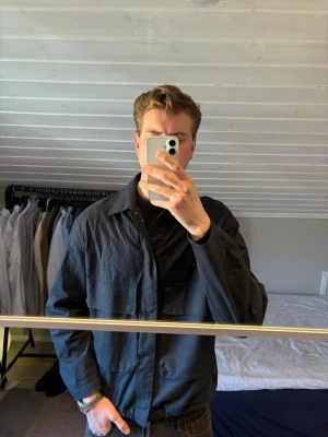 Svart overshirt från Zara - Stilren marinblå overshirt från Zara i bomull med klassisk krage och stora fickor framtill. Jackan har en rak passform och stängs med knappar. Perfekt för lager-på-lager och enkel att matcha med olika outfits.