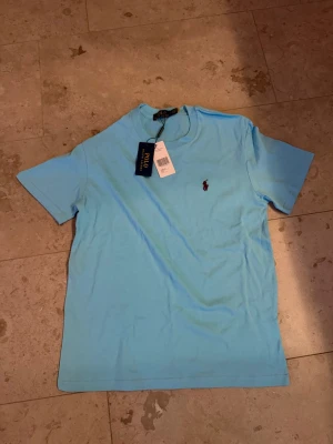 Ljusblå t-shirt från Polo Ralph Lauren - Snygg ljusblå t-shirt från Polo Ralph Lauren med klassisk röd logga broderad på bröstet. T-shirten har rund halsringning och korta ärmar. Tillverkad i mjuk bomull som känns skön mot huden. Perfekt till jeans eller shorts för en clean look.