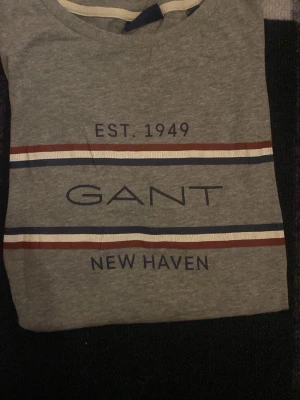 Grå GANT t-shirt med tryck - Snygg grå t-shirt från GANT med trycket 'EST. 1949' och 'NEW HAVEN' på bröstet. T-shirten har korta ärmar och två horisontella ränder i marinblått, vitt och rött över bröstet. Perfekt för en avslappnad och stilren look.