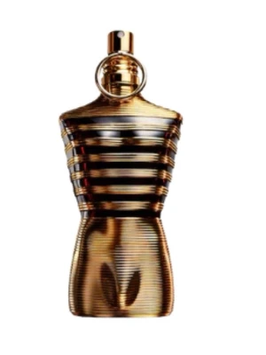 Jean Paul Gaultier Le Male Elixir EdP - Unik parfymflaska i form av en manlig torso, tillverkad i metall med glänsande guld- och bronsfärgade ränder. Flaskan har en modern och lyxig design som verkligen sticker ut på hyllan. Perfekt för dig som gillar exklusiva dofter och coola flaskor.