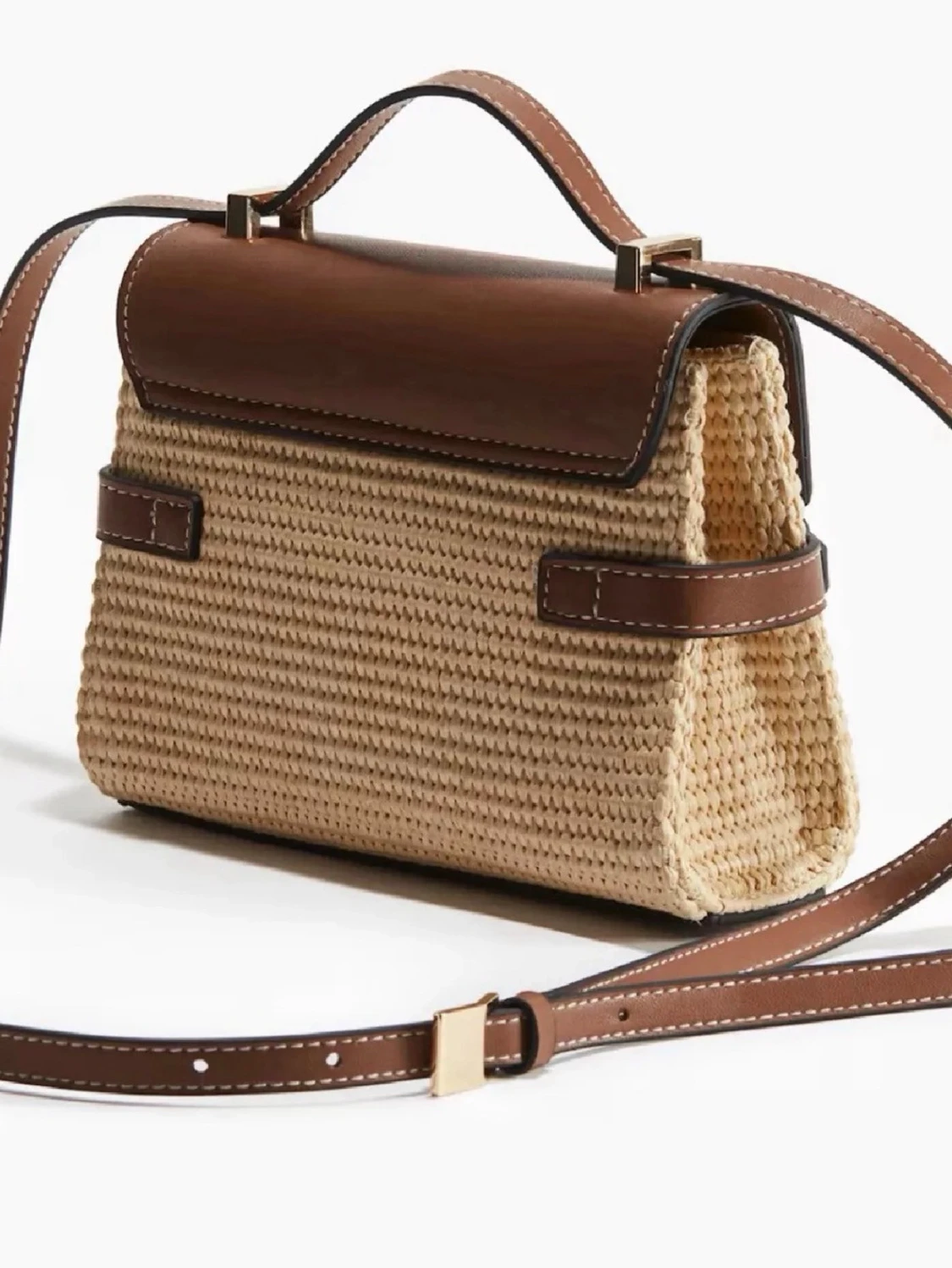 Slutsåld H&M - Brun och beige handväska i läder och strå - 5