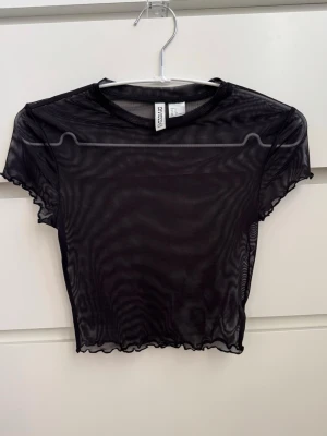Svart mesh croppad topp från H&M - Säljer en svart, transparent mesh topp från H&M. Modellen är croppad med korta ärmar och vågig kant vid ärmslut och nederkant. Perfekt att styla över ett linne eller bh för en edgy look.