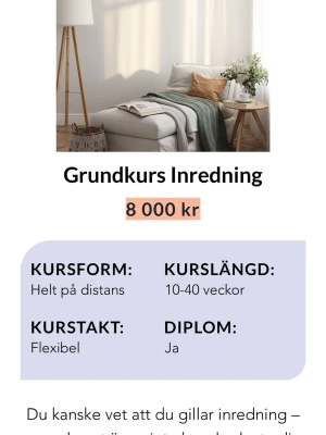 10.000 kr i presentkort för bara 2000 kr - Jag säljer ett presentkort för att bli färdigutbildad  tex inredare med diplom och certifikat. Deras andel som direkt får jobb efter är 90%. Så du får 10.000 kr så kan du välja kurser och du betalar bara 2000 kr