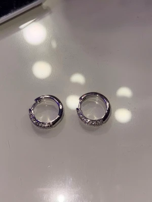 Glittriga hoops i silverfärg - Säljer ett par snygga örhängen i form av hoops, täckta med gnistrande stenar som ger en lyxig känsla. Örhängena är silverfärgade och har en klassisk rund form. Perfekta för dig som vill ha något som sticker ut och fångar ljuset. från glitter.