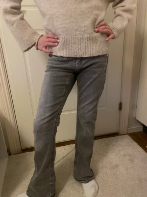 Grå bootcut jeans med låg midja - Säljer ett par grå bootcut jeans med låg midja och klassiska fem fickor. Jeansen har en lätt utsvängd passform nedtill och stängs med knapp och dragkedja. Perfekta för en avslappnad och trendig look. Tvättar innan jag skickar. Storlek 140. Pris kan diskuteras.