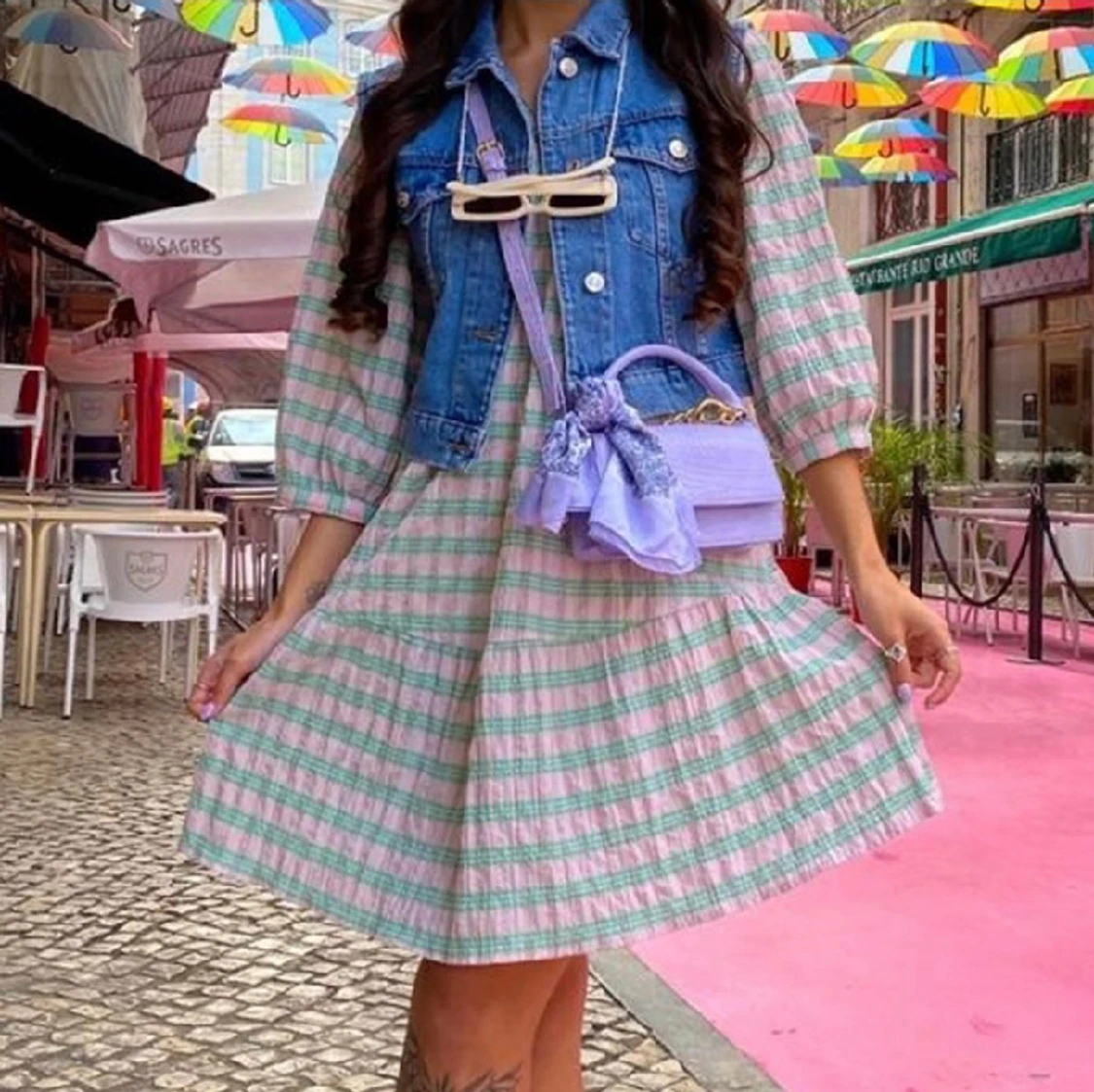 Rutig rosa och grön klänning från primark, aldrig använd