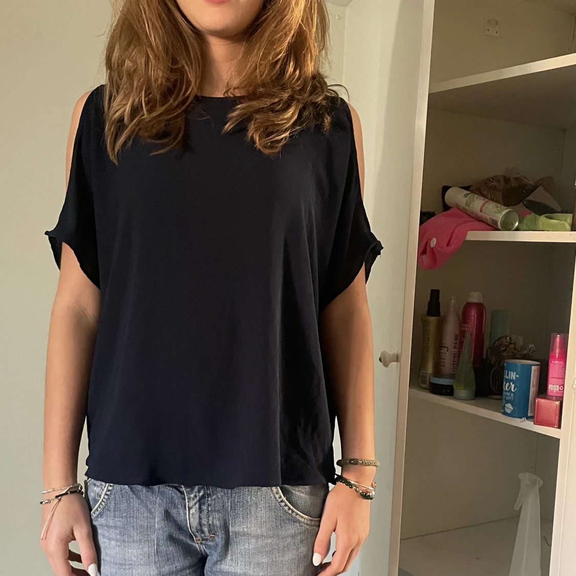 Blå kortärmad blus - 90