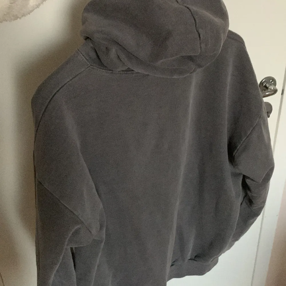 Grå hoodie med tryck från plt strl L passar bra till s/m för lätt oversize look. Skick 7/10.. Hoodies.