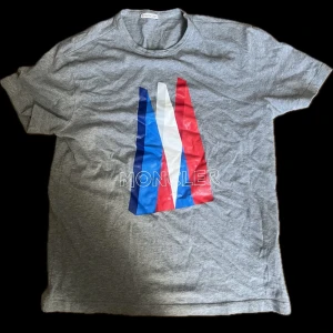 Grå t-shirt från Moncler med tryck - Säljer en grå t-shirt från Moncler med stort tryck i blått, vitt och rött framtill.