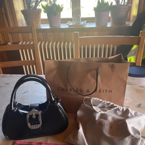 Svart handväska från Charles & Keith med stor spänne - Säljer en svart handväska från Charles & Keith med ett stort, dekorativt spänne framtill i silver. Väskan har två handtag och är tillverkad av syntetmaterial. Kommer med dustbag och originalpåse. Priset kan alltid diskutera köpt gärna på vinted!  ( aldrig använt )