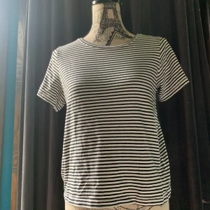 Randig t-shirt - Snygg svartvit randig t-shirt från 157 i storlek XS. Klassisk rund halsringning och korta ärmar. Perfekt basic-plagg med smala horisontella ränder, tillverkad i mjuk bomull som är skön mot huden. Enkel att matcha med jeans eller kjol.