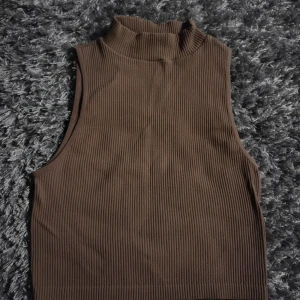 Brun ribbad polotopp från Zara - Säljer en brun ribbad polotopp från Zara. Toppen är ärmlös och har en hög krage, perfekt att styla med jeans eller kjol. Materialet är stretchigt och bekvämt.