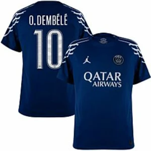 PSG O. Dembélé matchtröja blå - Snygg PSG fotbollströja i mörkblått med O. Dembélé och nummer 10 på ryggen. Tröjan har vita detaljer på axlarna, Qatar Airways-tryck på bröstet och Jordan-logga. Perfekt för dig som vill visa ditt stöd för Paris Saint-Germain.