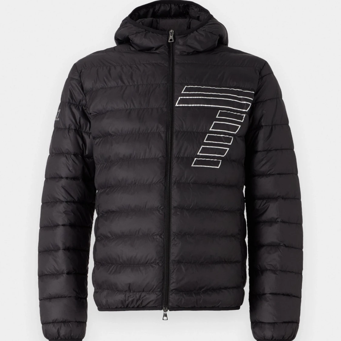 Svart dunjacka med huva och tryck