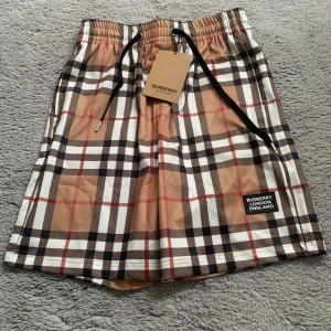 Rutig Burberry shorts med snörning - Snygga shorts från Burberry med klassiskt rutigt mönster i beige, svart, vitt och rött. De har elastisk midja med svart snörning och Burberry-logga på benet. Perfekta för sommaren och ger en lyxig vibe till din outfit.