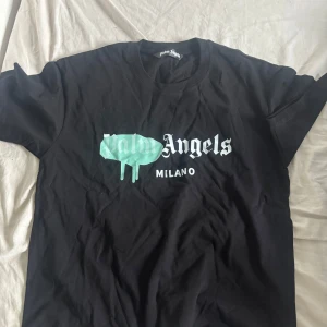 Svart Palm Angels t-shirt med tryck - Svart t-shirt från Palm Angels med stort tryck på bröstet där det står 'Palm Angels Milano'. Trycket har en cool mintgrön drip-effekt över 'Palm'. Klassisk passform och rund hals. Perfekt för dig som gillar streetwear och vill sticka ut.