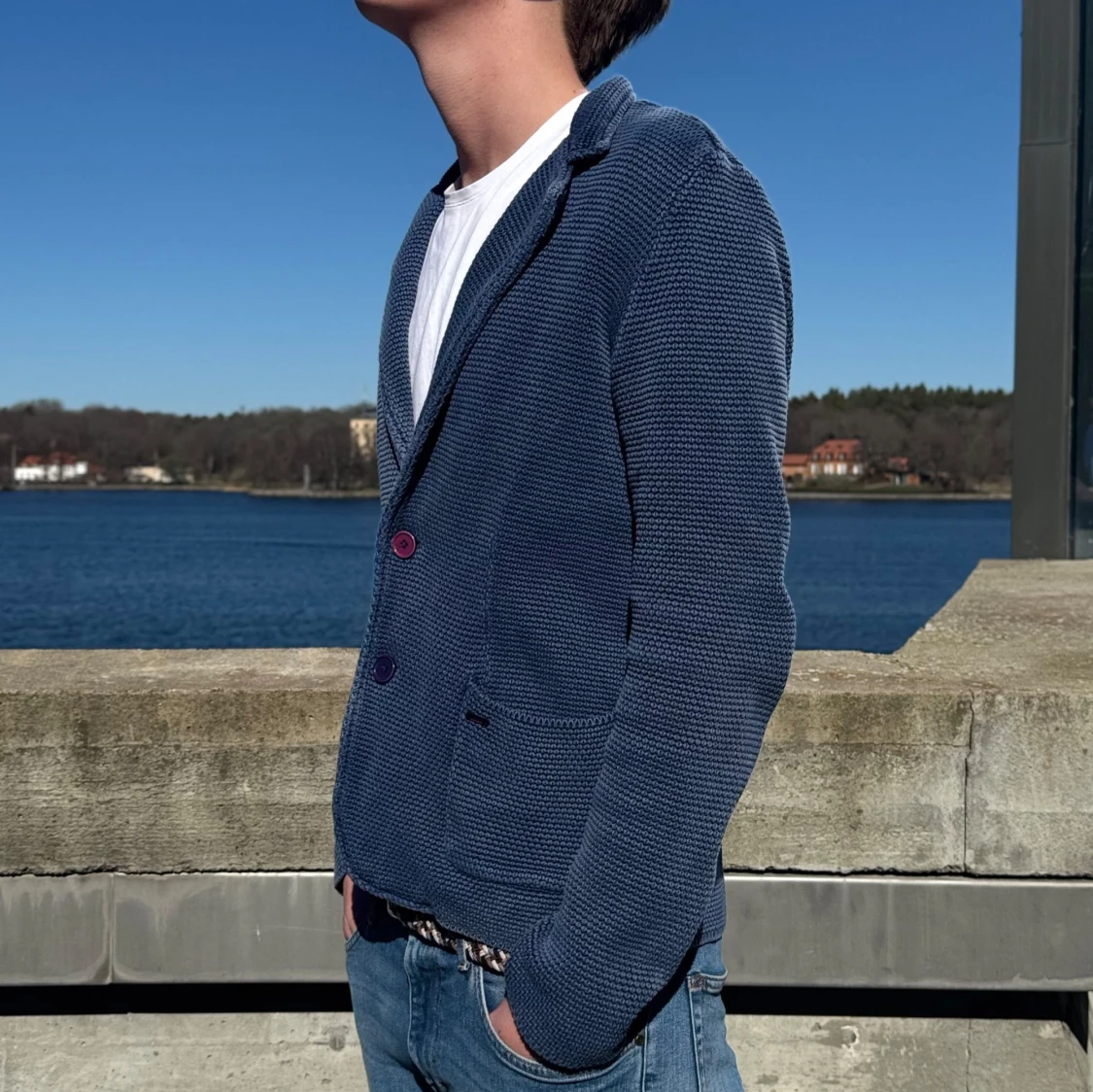 Blå stickad cardigan - 1