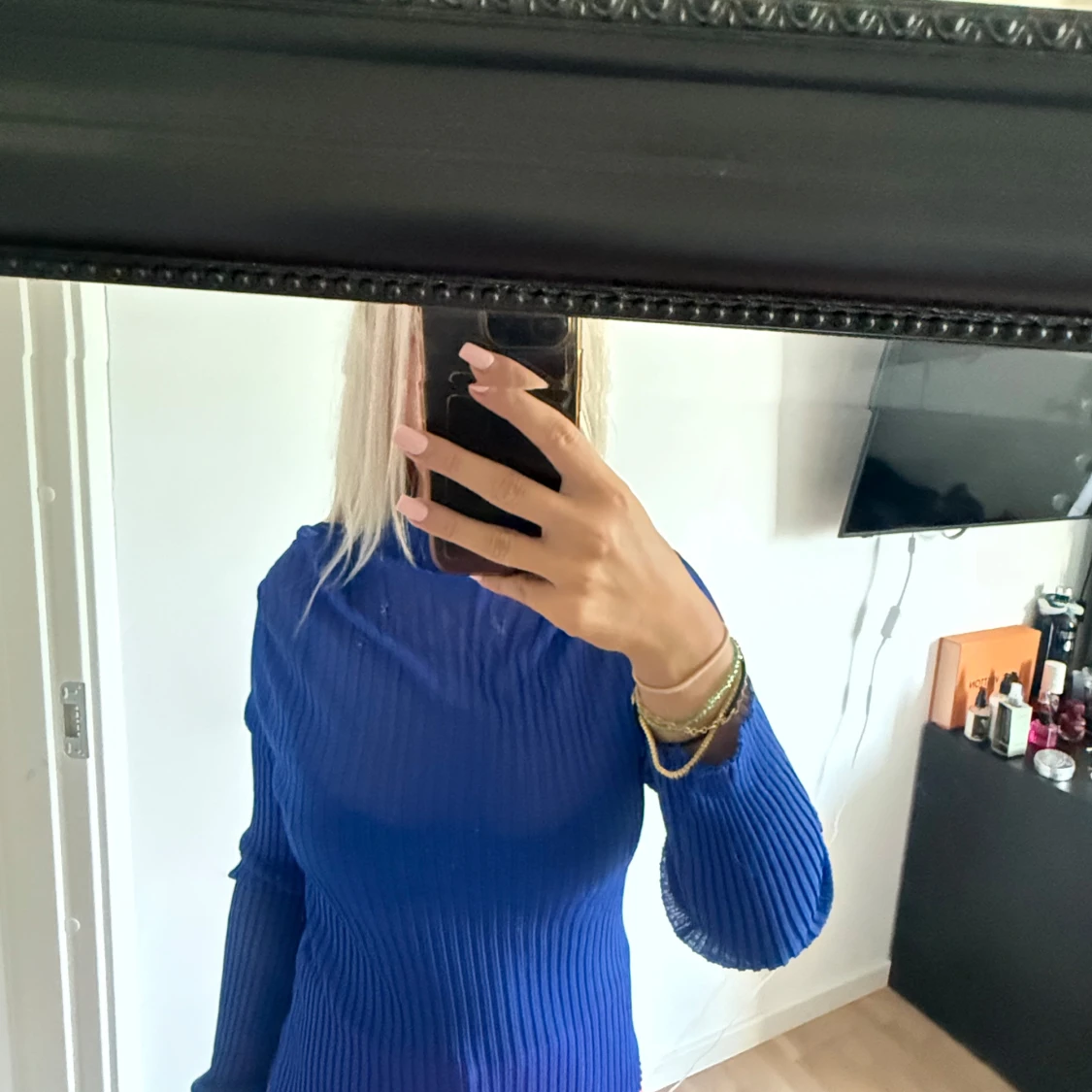 Blå ribbad meshtröja med lång ärm