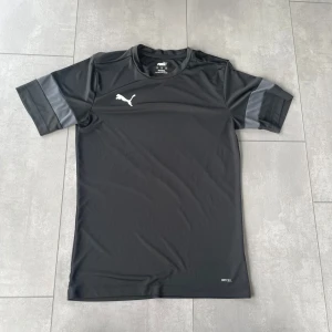 Svart sportig t-shirt från Puma - Svart t-shirt från Puma i sportig stil med grå detaljer på ärmarna och klassisk Puma-logga på bröstet. Tillverkad i lätt och snabbtorkande polyester, perfekt för träning eller fotboll. Rätt normal passform, möjligtvis lite liten i storleken.