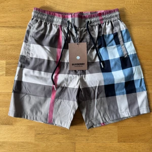 Rutig Burberry shorts med snörning - Snygga Burberry shorts i klassiskt rutigt mönster med beige, blå, svart och röda toner. De har elastisk midja med svart snörning och sidofickor. Perfekta för sommaren och ger en clean och trendig vibe. Materialet känns lätt och skönt mot huden.