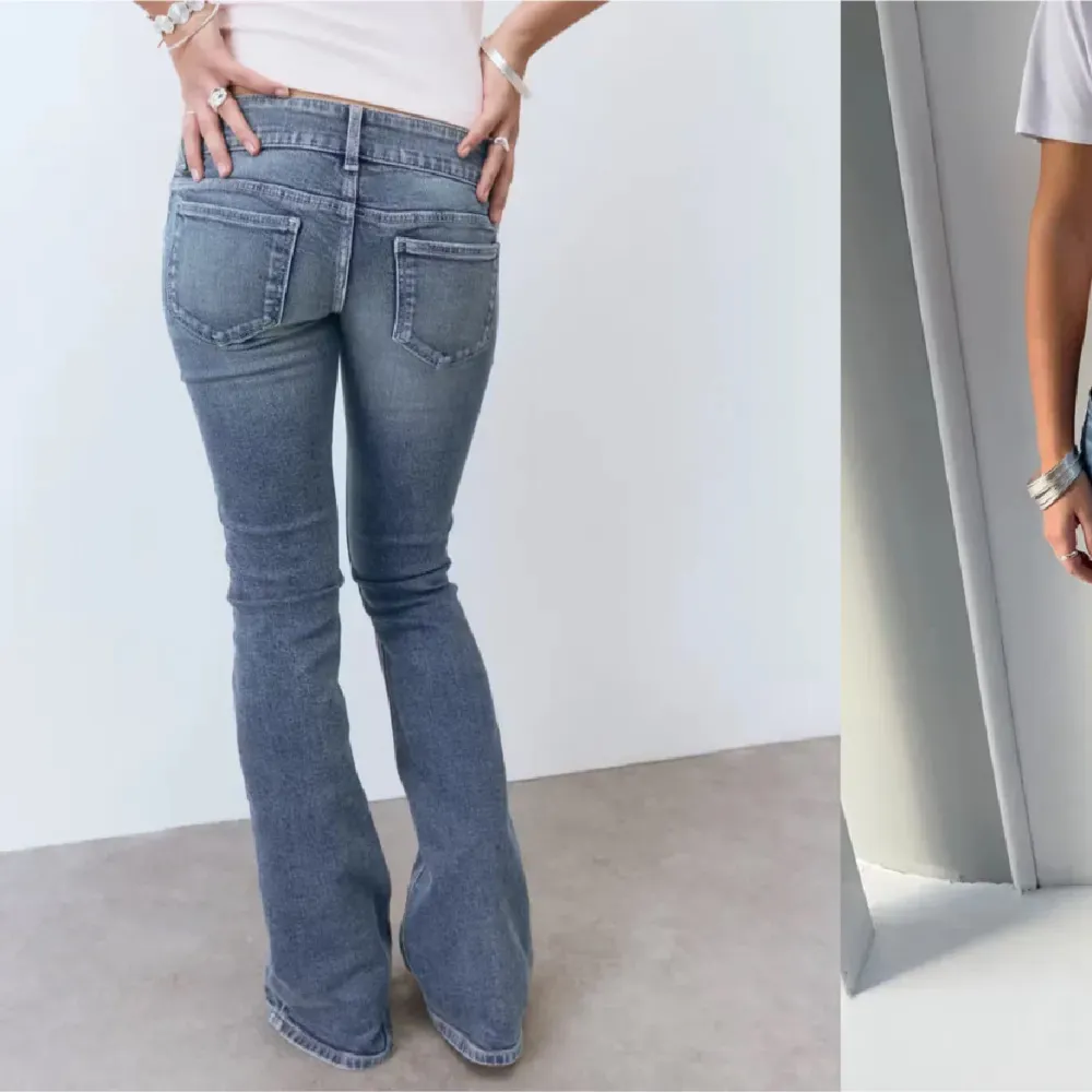 Snygga blå bootcut jeans med slitningar på låret. Slutsåld på hemsidan säljer då dem är lite för stora, Använd en gång💗. Farkut & Housut.