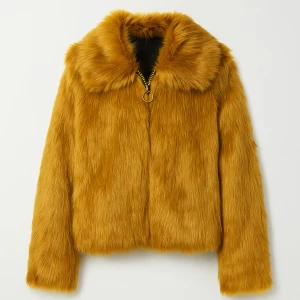 Gul pälsjacka med dragkedja - Säljer en snygg gul pälsjacka med fluffig känsla och stor krage. Jackan har en cool ringformad dragkedja framtill och är perfekt för dig som vill sticka ut. Passformen är normal och jackan är helfodrad för extra komfort.